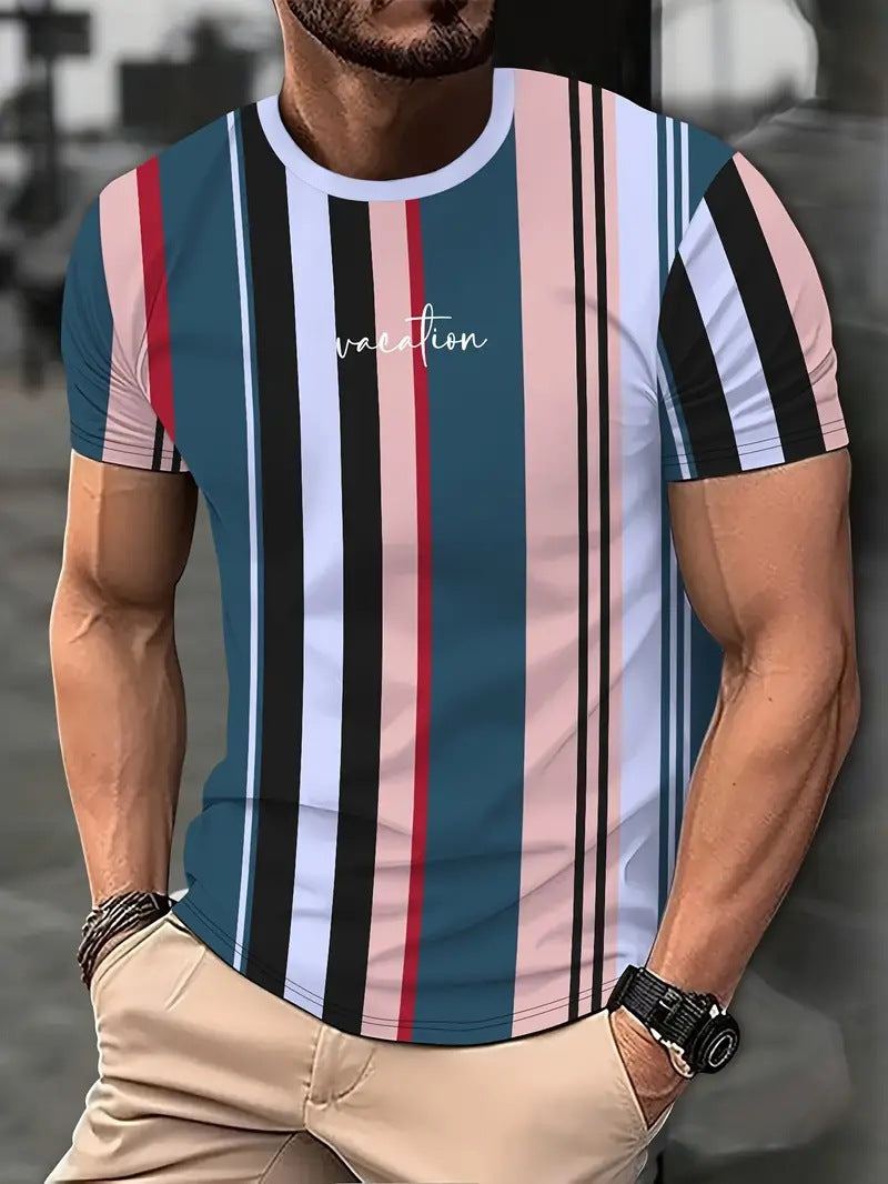 Men's Carnival Fashion Striped T-Shirt with bold, colorful stripes, short sleeves, and a relaxed fit.