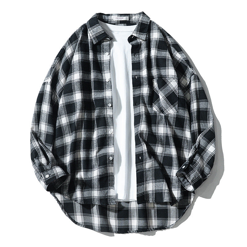 Japanese Style Plaid Long Sleeve Shirt – Loose-fitting workwear jacket with a classic plaid pattern, ideal for layering and casual wear.








