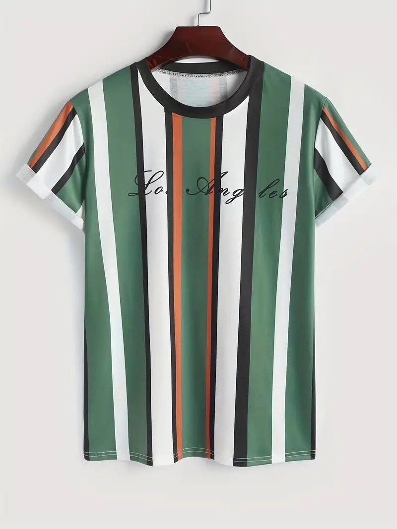 Men's Carnival Fashion Striped T-Shirt with bold, colorful stripes, short sleeves, and a relaxed fit.