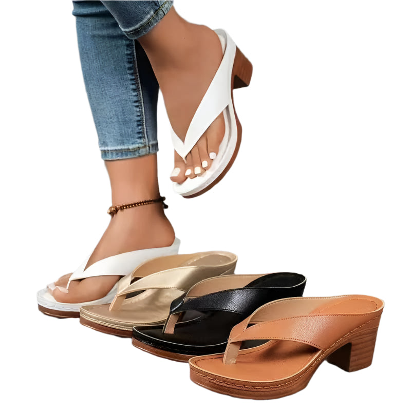Women's solid color fashion wedge flip-flops with cushioned sole.

