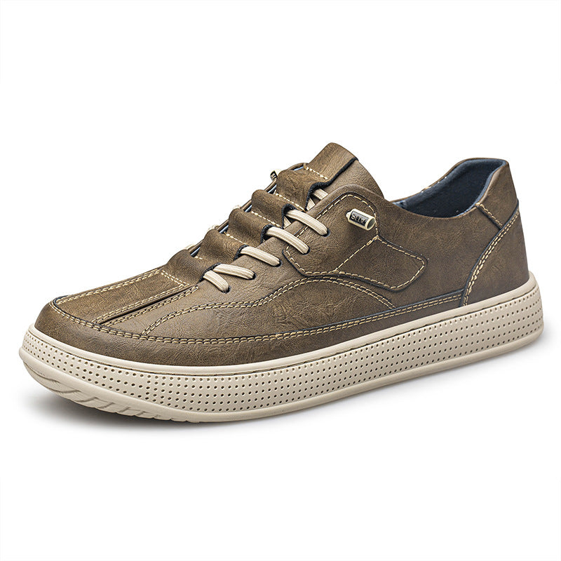 Summer men's round toe board shoes with breathable cowhide leather surface, offering comfort and style for casual wear.








