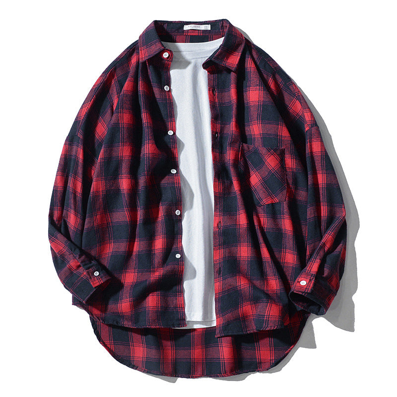 Japanese Style Plaid Long Sleeve Shirt – Loose-fitting workwear jacket with a classic plaid pattern, ideal for layering and casual wear.








