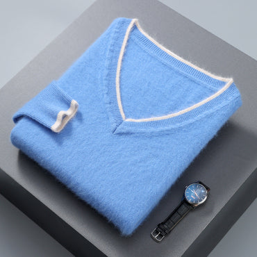 Men’s Pullover V-neck Loose Color Matching Plus Size Thermal Sweater, Comfortable and Stylish for Cold Weather Wear.