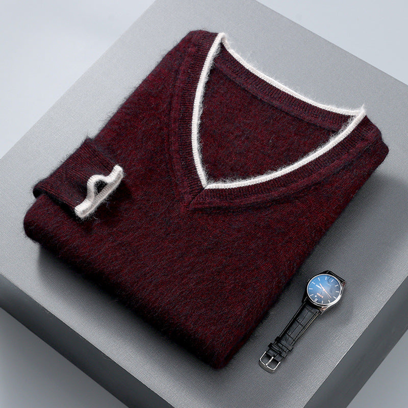 Men’s Pullover V-neck Loose Color Matching Plus Size Thermal Sweater, Comfortable and Stylish for Cold Weather Wear.