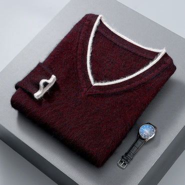 Men’s Pullover V-neck Loose Color Matching Plus Size Thermal Sweater, Comfortable and Stylish for Cold Weather Wear.