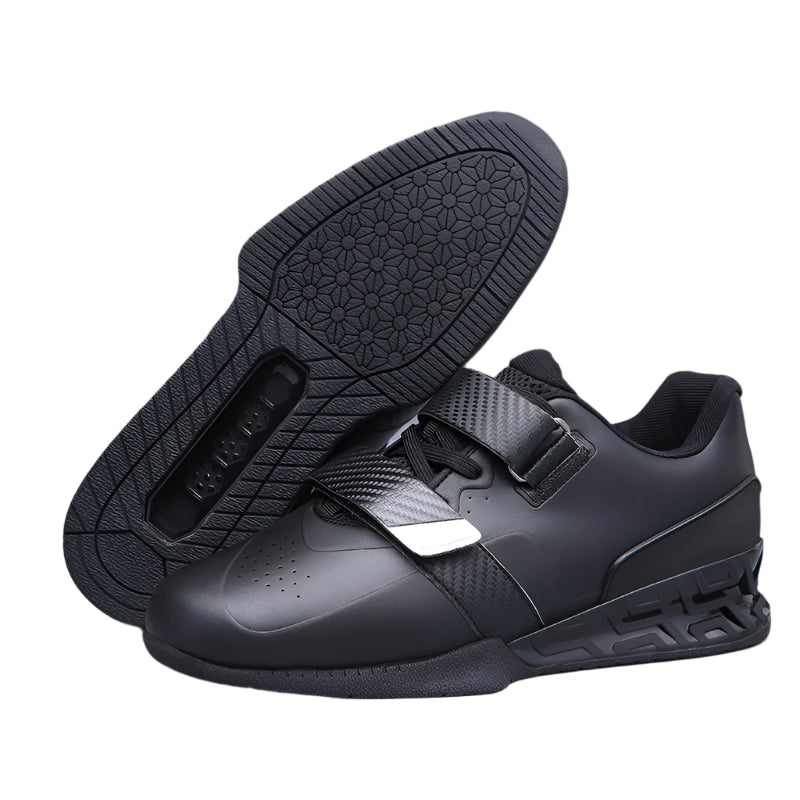 Professional weightlifting squat shoes with hard sole and elevated heel for strength training.

