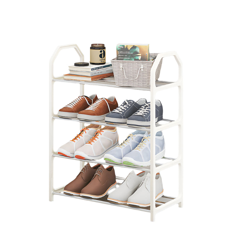 Minimalist trapezoidal shoe cabinet with shelves for compact storage in bedroom or dorm.

