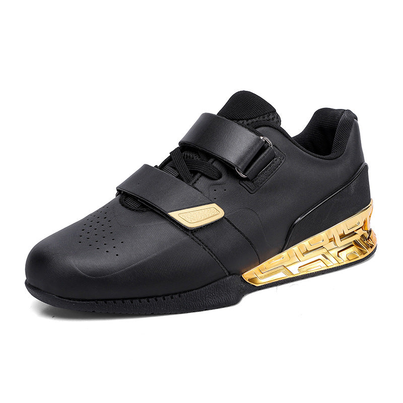 Professional weightlifting squat shoes with hard sole and elevated heel for strength training.

