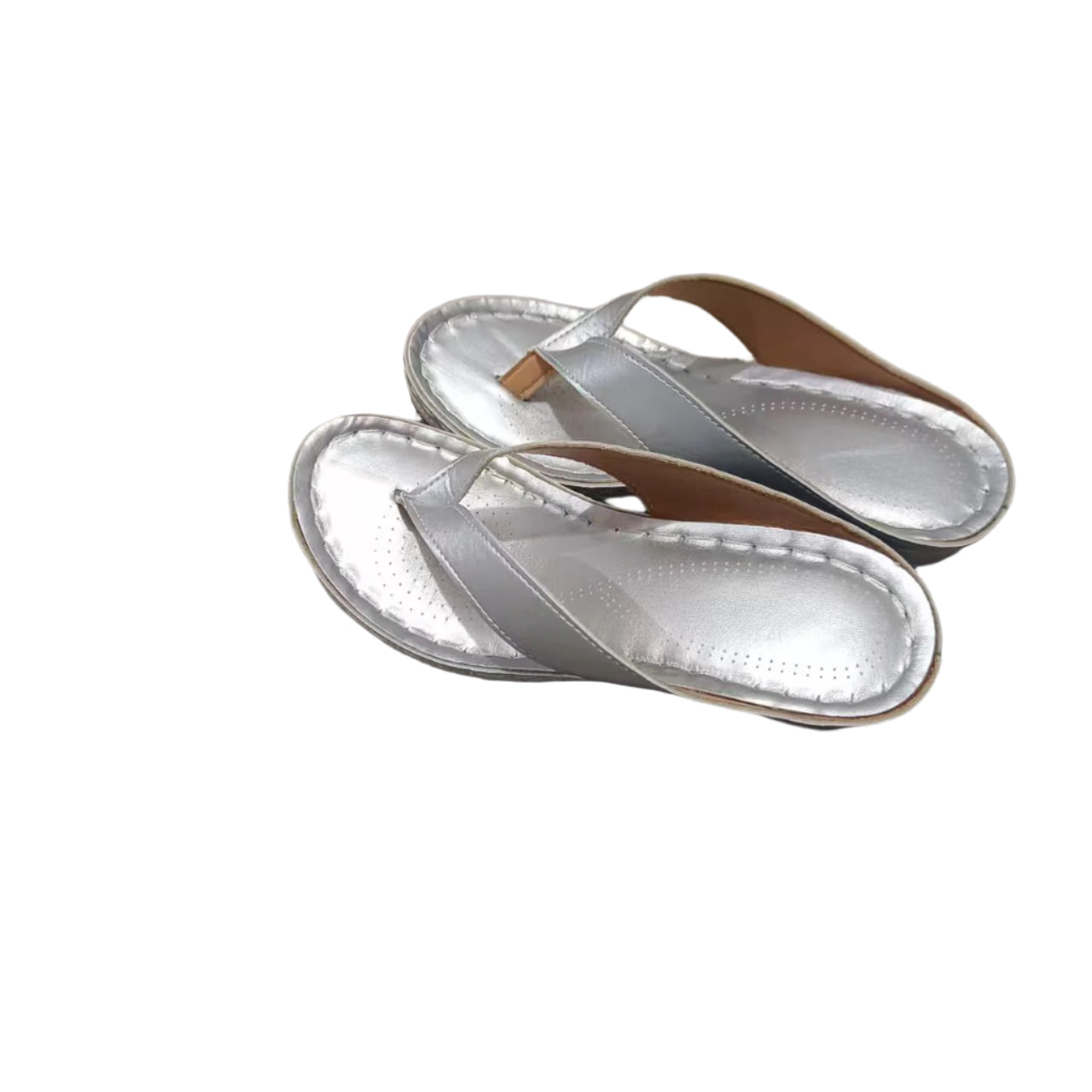 Women's solid color fashion wedge flip-flops with cushioned sole.

