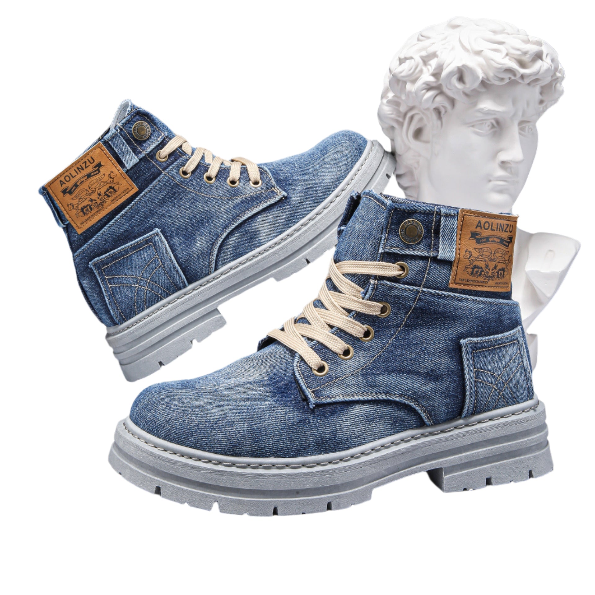 High-top denim board shoes for men with lace-up design and rubber sole.

