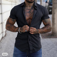 Men’s casual solid color shirt with short sleeves, perfect for summer, offering a relaxed fit and breathable material.








