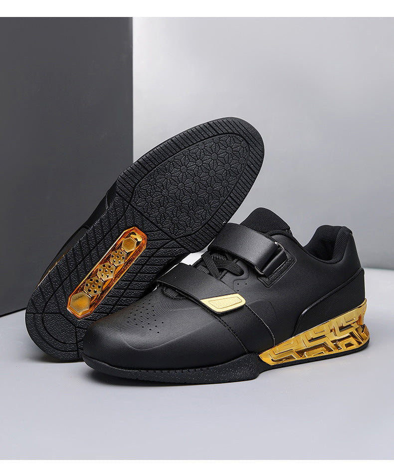 Professional weightlifting squat shoes with hard sole and elevated heel for strength training.

