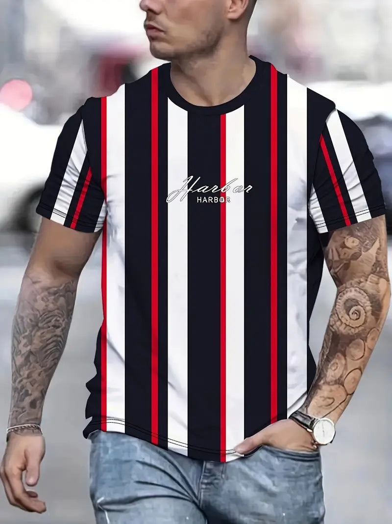 Men's Carnival Fashion Striped T-Shirt with bold, colorful stripes, short sleeves, and a relaxed fit.