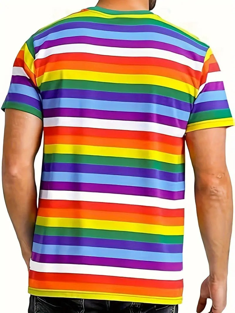 Men's Carnival Fashion Striped T-Shirt with bold, colorful stripes, short sleeves, and a relaxed fit.