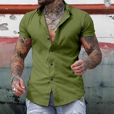 Men’s casual solid color shirt with short sleeves, perfect for summer, offering a relaxed fit and breathable material.








