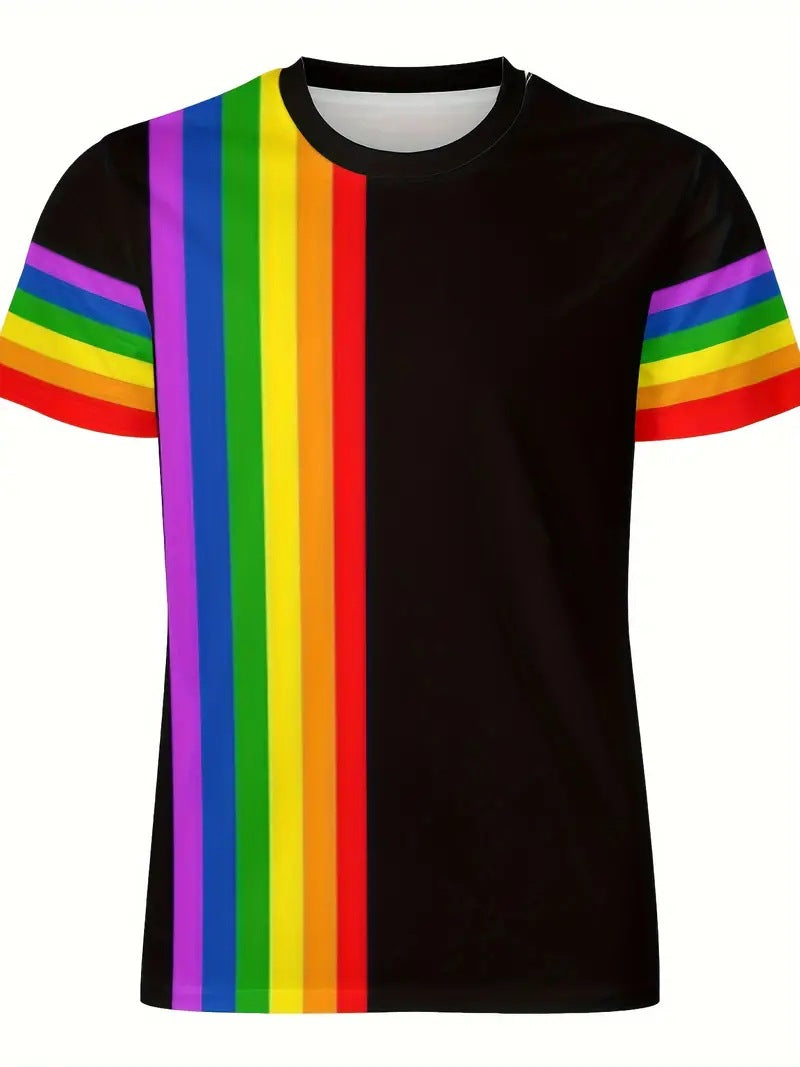 Men's Carnival Fashion Striped T-Shirt with bold, colorful stripes, short sleeves, and a relaxed fit.