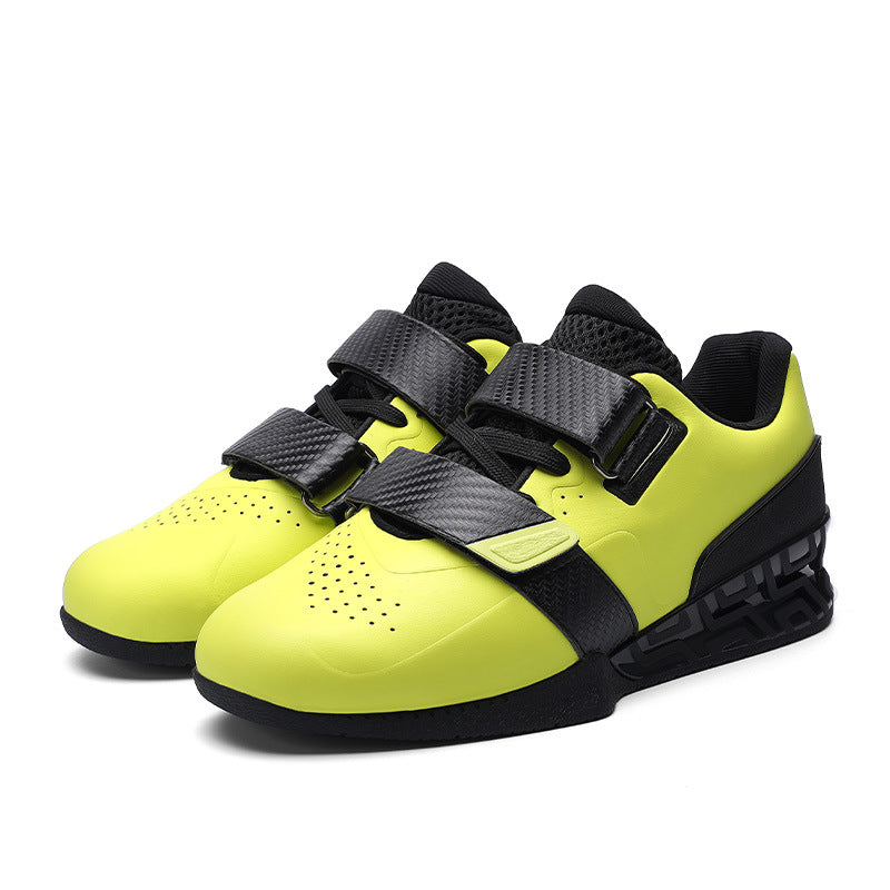 Professional weightlifting squat shoes with hard sole and elevated heel for strength training.

