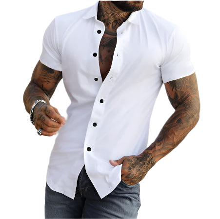 Men’s casual solid color shirt with short sleeves, perfect for summer, offering a relaxed fit and breathable material.








