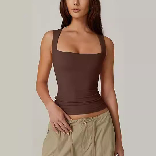 Women's summer square-neck tank vest, slim fit sleeveless top, breathable solid-color fashion vest.








