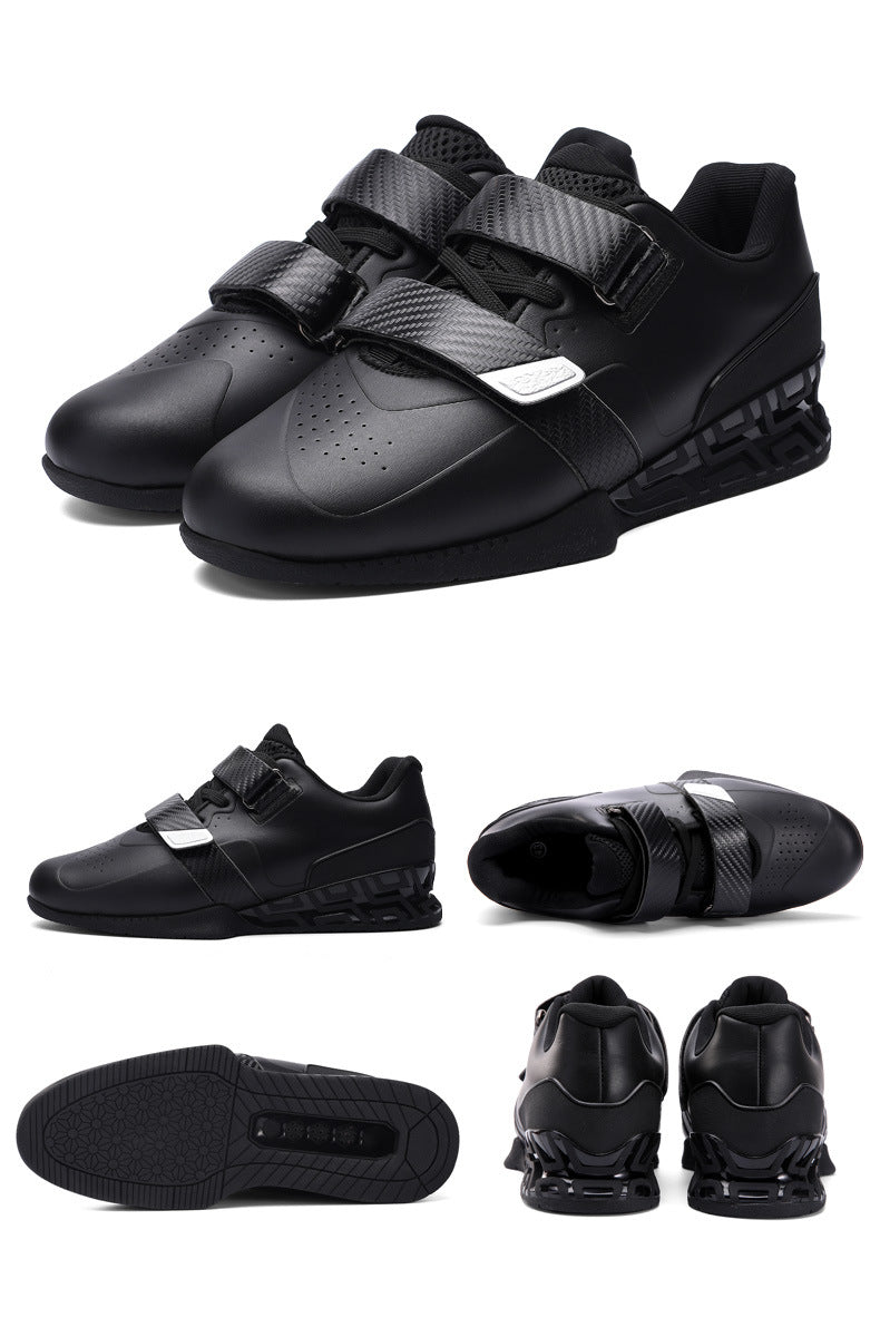Professional weightlifting squat shoes with hard sole and elevated heel for strength training.


