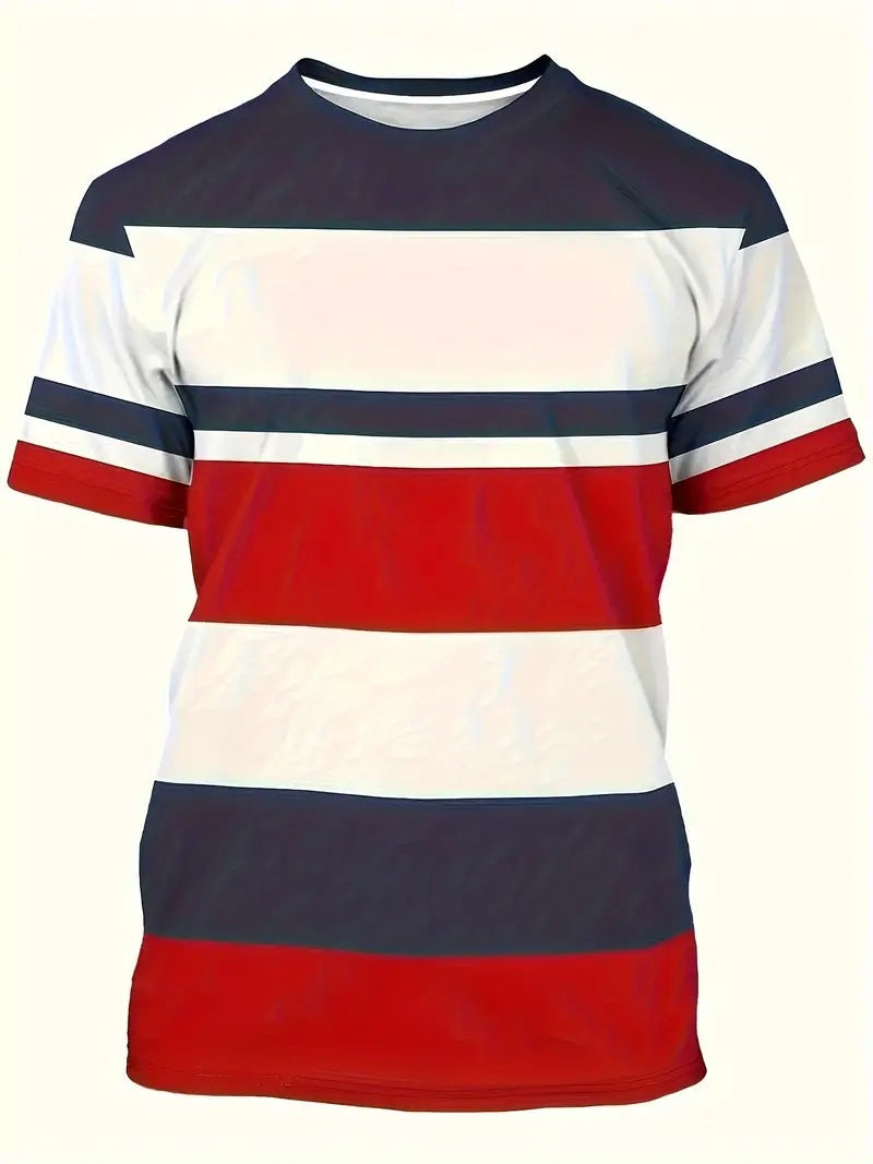 Men's Carnival Fashion Striped T-Shirt with bold, colorful stripes, short sleeves, and a relaxed fit.