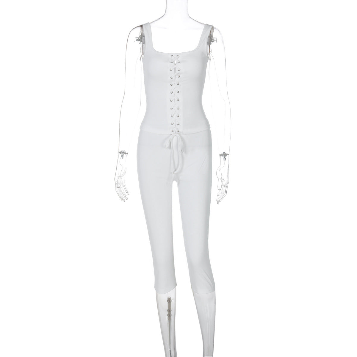 Lace-up Vest Slim-fit Solid Color Shorts Suit with trendy lace-up design and slim-fit shorts for a sleek, casual look.