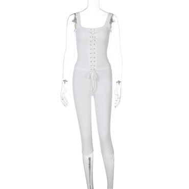Lace-up Vest Slim-fit Solid Color Shorts Suit with trendy lace-up design and slim-fit shorts for a sleek, casual look.