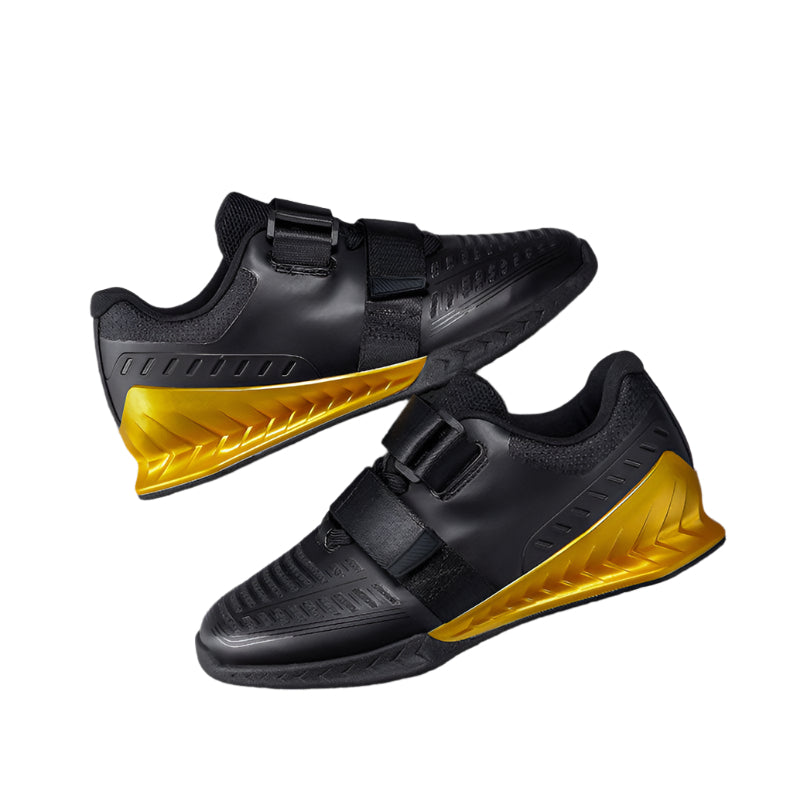 Professional weightlifting squat shoes with hard sole and elevated heel for strength training.

