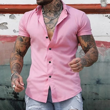 Men’s casual solid color shirt with short sleeves, perfect for summer, offering a relaxed fit and breathable material.








