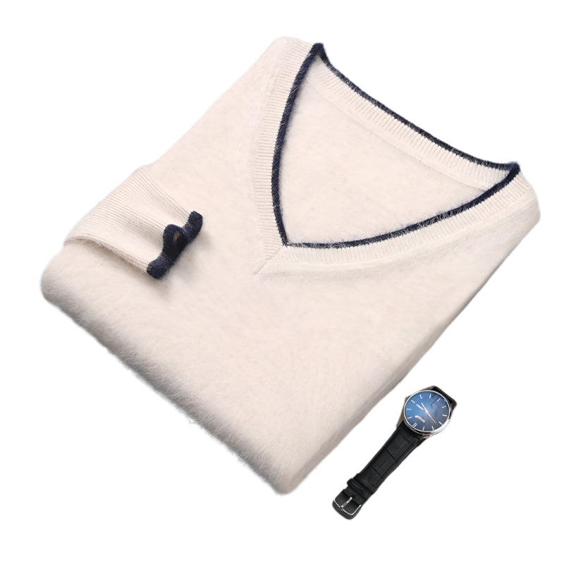 Men’s Pullover V-neck Loose Color Matching Plus Size Thermal Sweater, Comfortable and Stylish for Cold Weather Wear.