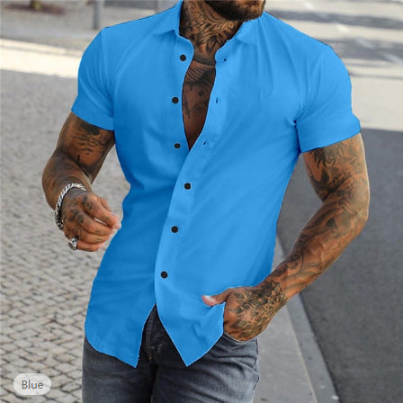 Men’s casual solid color shirt with short sleeves, perfect for summer, offering a relaxed fit and breathable material.








