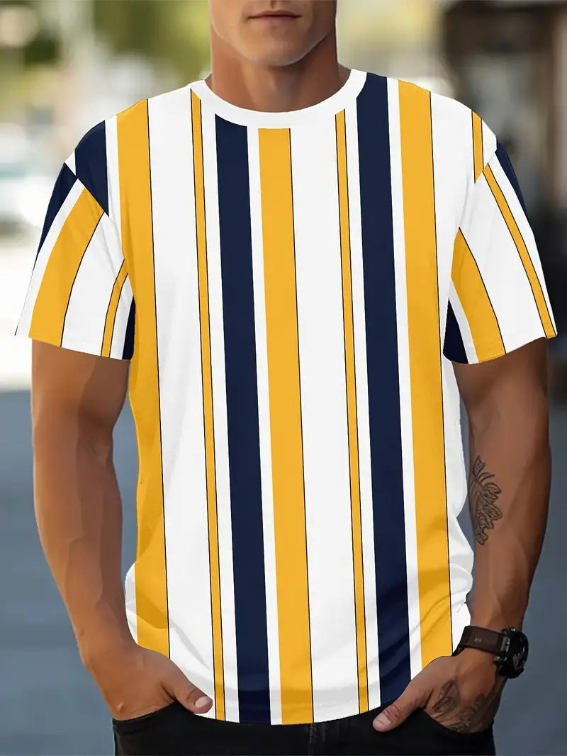 Men's Carnival Fashion Striped T-Shirt with bold, colorful stripes, short sleeves, and a relaxed fit.