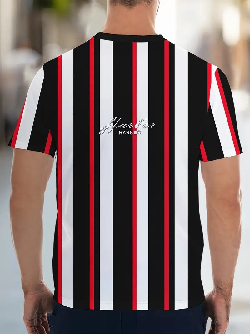 Men's Carnival Fashion Striped T-Shirt with bold, colorful stripes, short sleeves, and a relaxed fit.