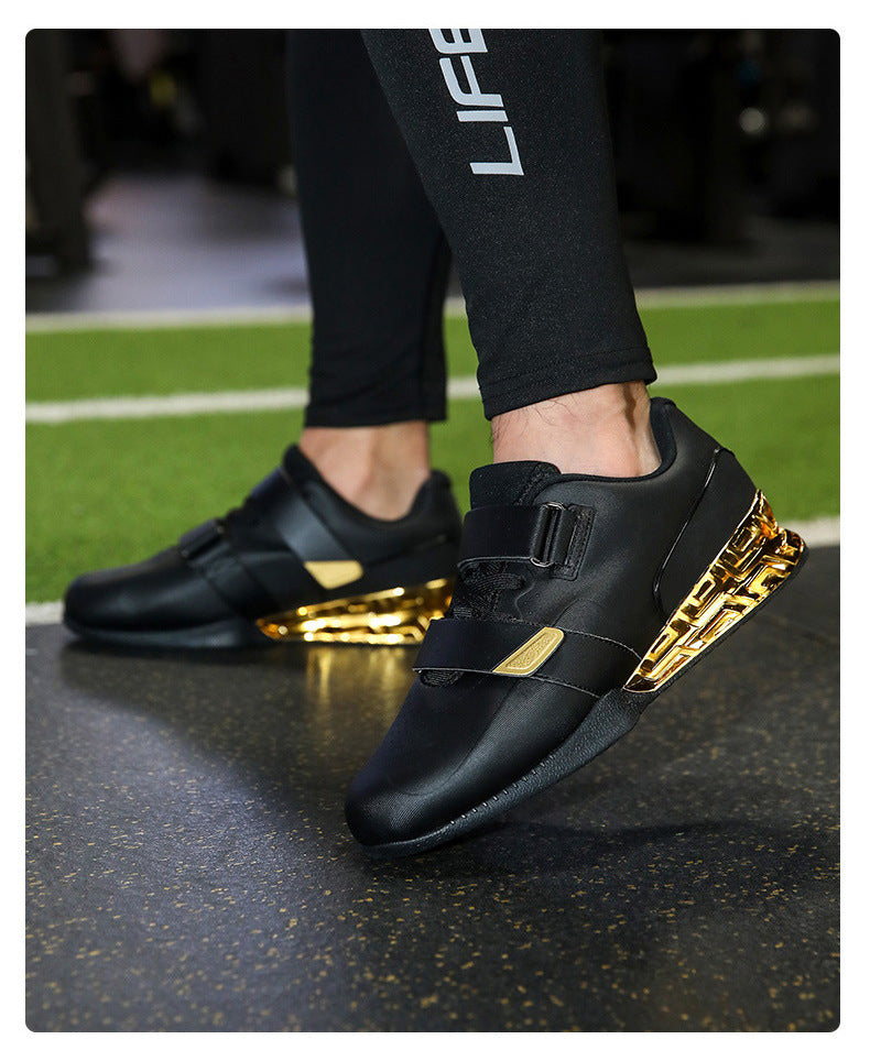 Professional weightlifting squat shoes with hard sole and elevated heel for strength training.

