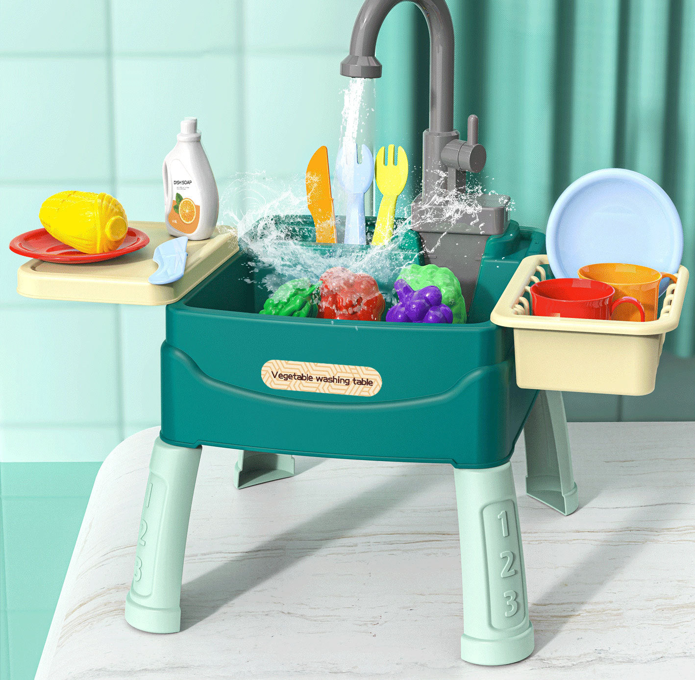 Children's dishwasher toy with automatic water outlet and play dishes in a kitchen play set.








