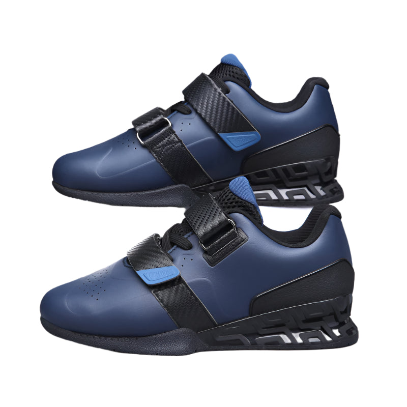 Professional weightlifting squat shoes with hard sole and elevated heel for strength training.

