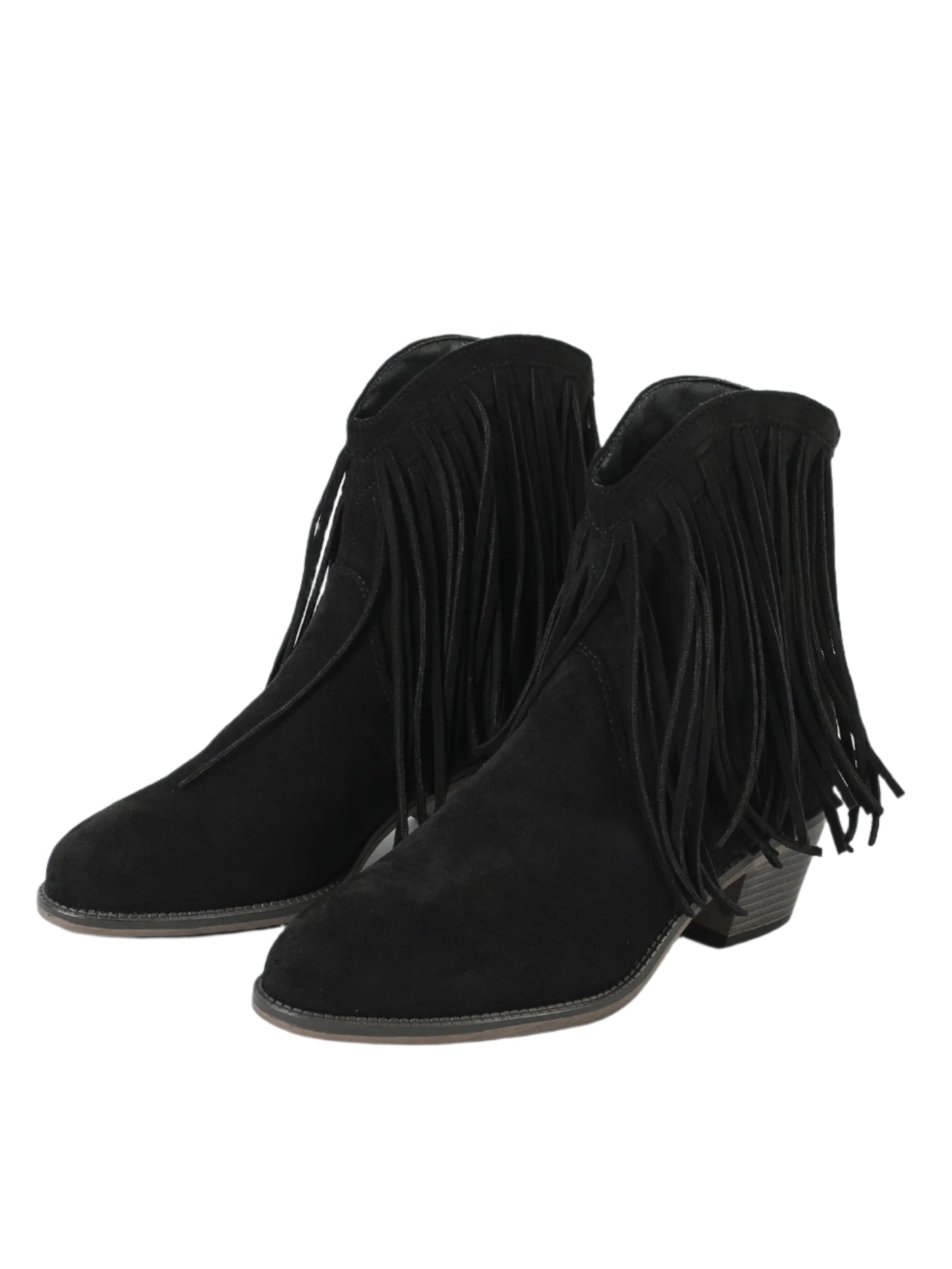 Women’s retro chunky heel Martin boots with pointed toe and tassel details.

