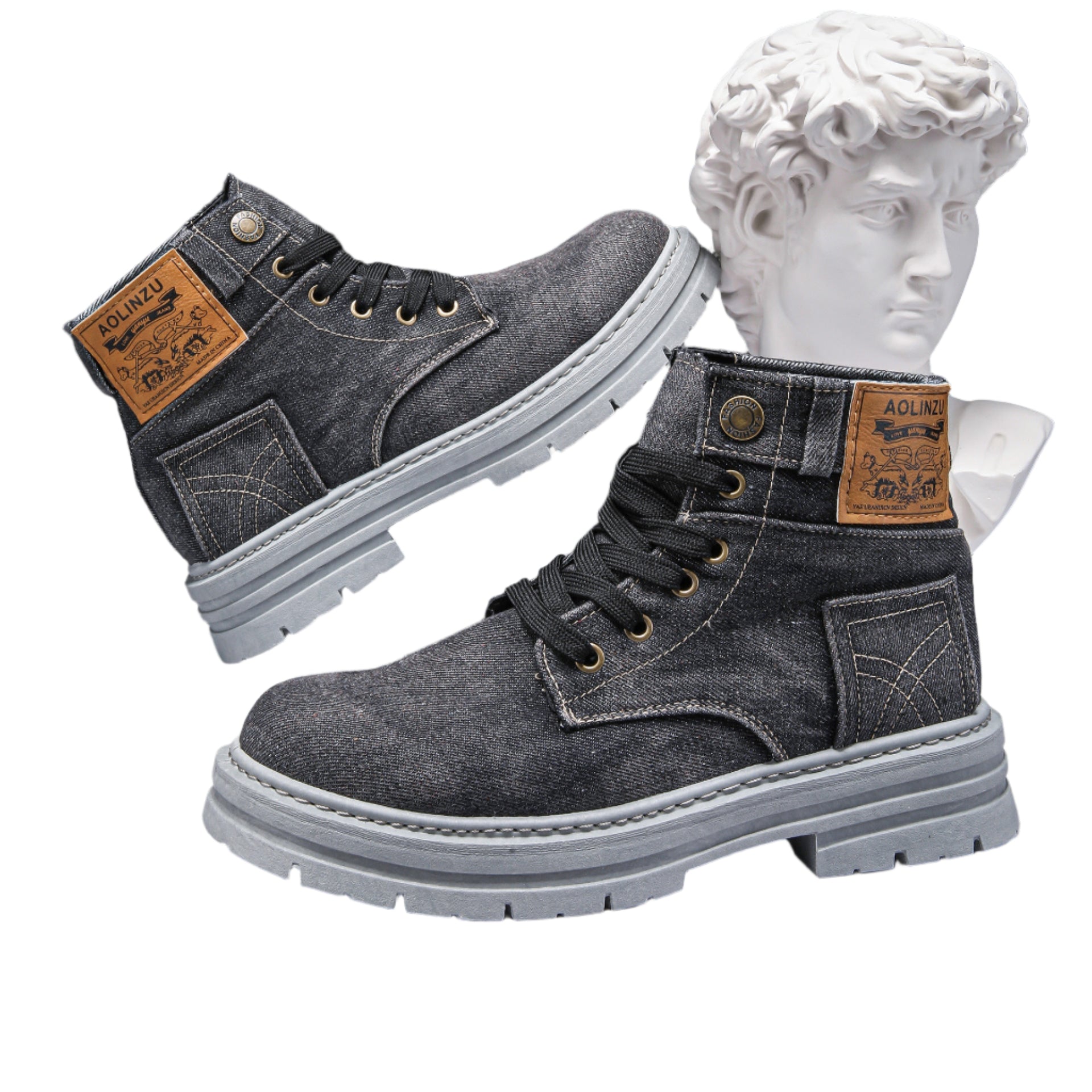 High-top denim board shoes for men with lace-up design and rubber sole.

