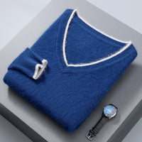 Men’s Pullover V-neck Loose Color Matching Plus Size Thermal Sweater, Comfortable and Stylish for Cold Weather Wear.