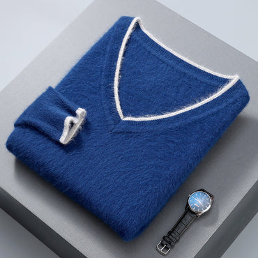 Men’s Pullover V-neck Loose Color Matching Plus Size Thermal Sweater, Comfortable and Stylish for Cold Weather Wear.