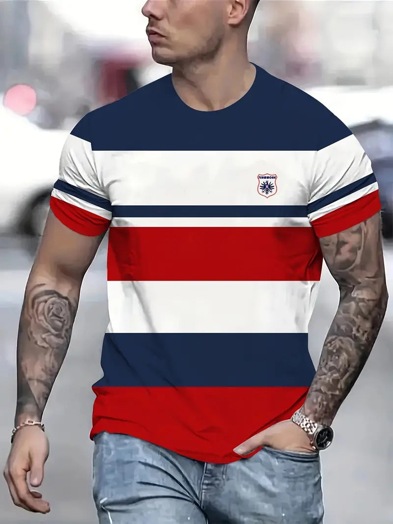 Men's Carnival Fashion Striped T-Shirt with bold, colorful stripes, short sleeves, and a relaxed fit.