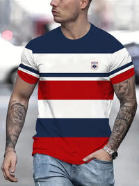 Men's Carnival Fashion Striped T-Shirt with bold, colorful stripes, short sleeves, and a relaxed fit.