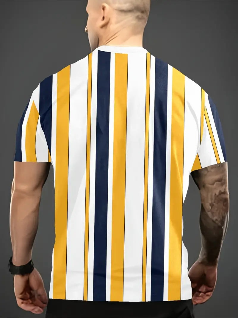 Men's Carnival Fashion Striped T-Shirt with bold, colorful stripes, short sleeves, and a relaxed fit.