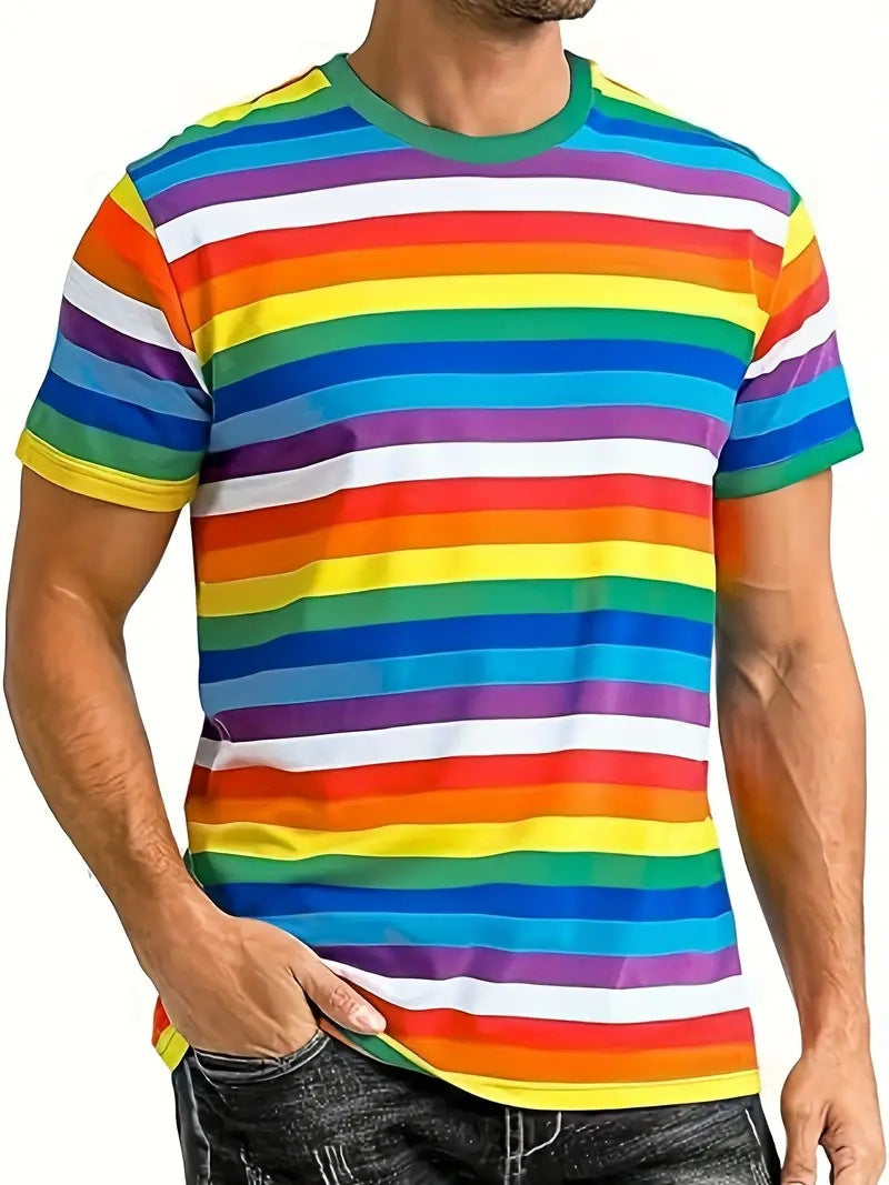 Men's Carnival Fashion Striped T-Shirt with bold, colorful stripes, short sleeves, and a relaxed fit.