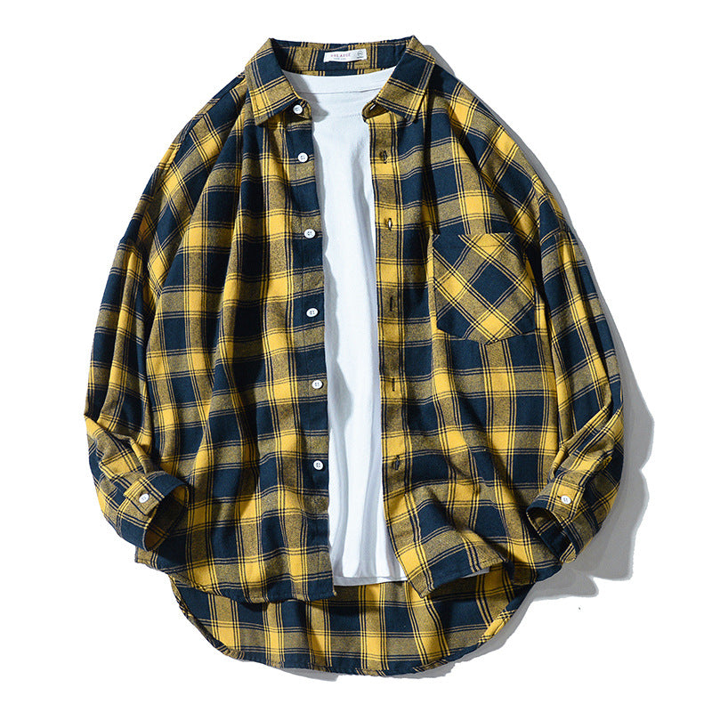 Japanese Style Plaid Long Sleeve Shirt – Loose-fitting workwear jacket with a classic plaid pattern, ideal for layering and casual wear.








