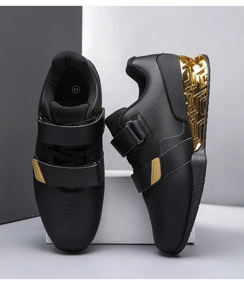 Professional weightlifting squat shoes with hard sole and elevated heel for strength training.

