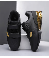 Professional weightlifting squat shoes with hard sole and elevated heel for strength training.

