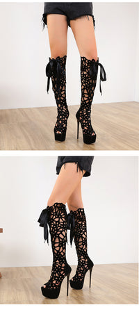 High-top Lace-up Peep Toe Hollow-out High Heels – Trendy women's shoes with a lace-up design, peep-toe, and hollow-out detailing for a bold, fashionable look.








