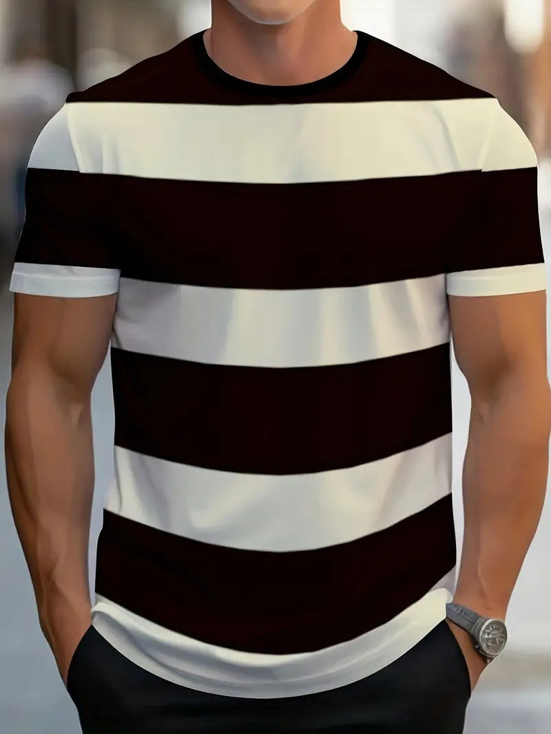 Men's Carnival Fashion Striped T-Shirt with bold, colorful stripes, short sleeves, and a relaxed fit.