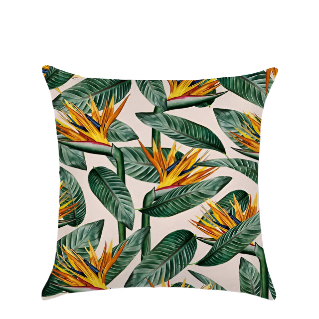 Tropical plants cushion covers featuring vibrant botanical prints. Made from soft, durable fabric, perfect for adding a fresh, nature-inspired touch to your home decor. Ideal for sofas, beds, and outdoor seating areas.